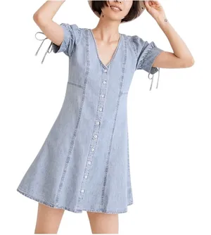 Madewell Tencel Denim Button-Front Tie-Sleeve‎ Mini Dress Brannon Blue 2 thumbnail 1