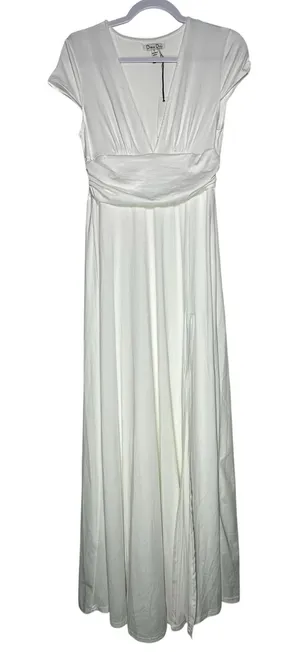 Dress Day White Maxi Dress‎ Womens Large V Neck Empire Waist Flowy Boho Formal thumbnail 1