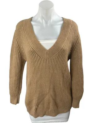 Aritzia Babaton Women's Tan Merino Wool Long Sleeve V Neck Sweater Top Size XS thumbnail 1