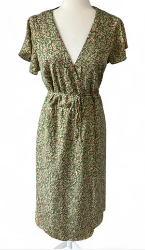 Lost + Wander Green Floral Wrap-Style Midi Dress Women's Wild Poppies Sz Small thumbnail 1