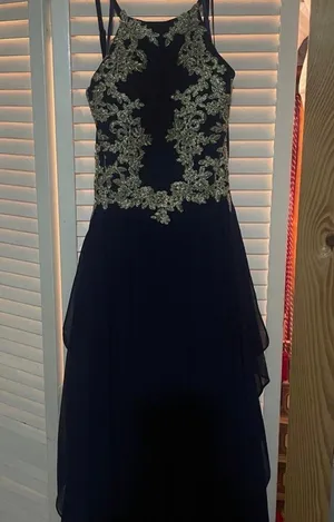 Elegant navy blue prom dress thumbnail 1