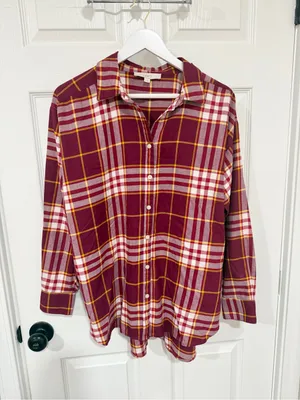 LOFT Burgundy Plaid Button Down Shirt M Cotton Fall Preppy Academia thumbnail 2