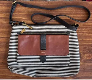 FOSSIL Black White Striped Leather Textile Crossbody Purse thumbnail 1