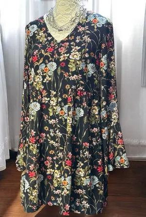 Altar'd State Floral Babydoll Mini Dress Black‎ V-Neck Bell Sleeve Small thumbnail 1