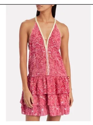 Poupette St. Barth Pink Yellow Betty Floral Sleeveless Tiered Ruffle Mini Dress thumbnail 10