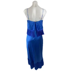 Cinq a Sept Blue Silk Satin Fringe Sleeveless Slit Cami Blouson Midi Dress Sz M thumbnail 4