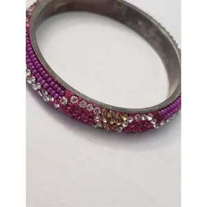 Vintage Bracelet / Bangle - Pink, Clear Gems & Light Gold Tone Gems 7" thumbnail 7