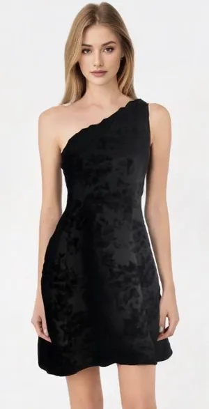 NWT PROSECCO Floral Velvet One Shoulder Black A Line Dress SZ-8 thumbnail 1