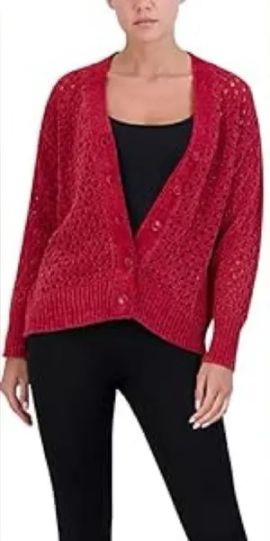 BCBGMAXAZRIA Women's Relaxed Open Knit Red‎ Chenille Cardigan Button Sweater thumbnail 1