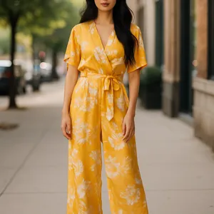 NWT FAVLUX Fashion silky/Chiffon Fabric Yellow Floral Jumpsuit thumbnail 2