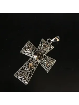 Cross Pendant Silver-tone Filigree With Amber Crystal Stones thumbnail 2