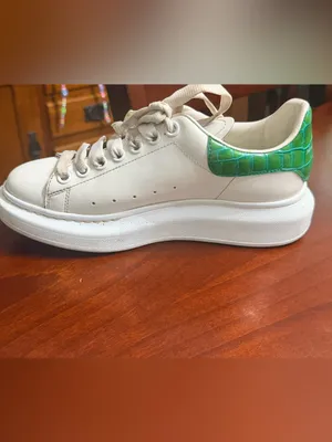 Alexander McQueen White Leather Platform Sneakers with Green Croc Heel thumbnail 6