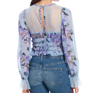 Free People Daphne Blouse with sheer lace yoke and gathered Edwardian‎ Sleeves thumbnail 3
