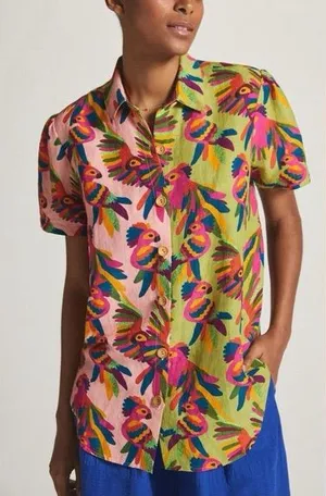 Farm Rio Tropical Linen Blend Surf Shirt Button Down Top thumbnail 1