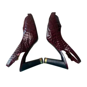 Tory Burch Allison Croc Patent Slingback Peep Toe‎ Block Heels 8 Bordeaux thumbnail 4