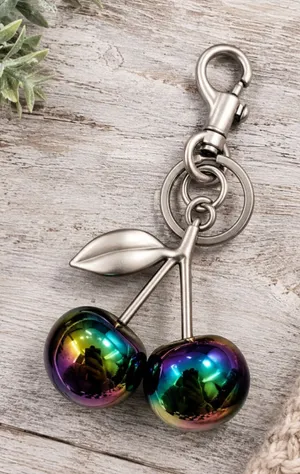 NEW Oil Slick Cherry Charm Keychain Brushed Silver Multicolor NWT Purple thumbnail 1