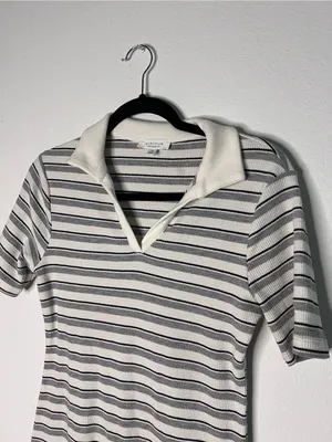 Women grey stripped polo collared dress thumbnail 2