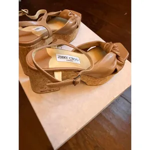 Jimmy Choo Beige Leather Platform Sandals with Cork Heel thumbnail 5