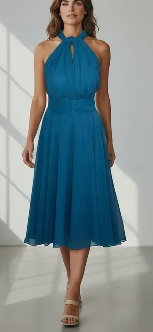 Teal Chiffon Halter High Low Bridesmaid Formal Dress Sz 5 thumbnail 1