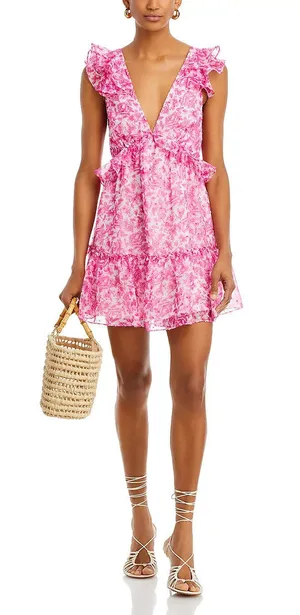 AQUA Pink Floral Ruffle Trim Mini Dress thumbnail 1