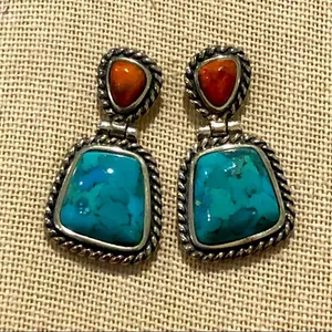BARSE Sterling Silver Rope Edged Turquoise and Coral Drop Earrings thumbnail 11