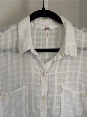 Free People Loveland Women’s White Button-Up Long Sleeve Windowpane Plaid Size L thumbnail 5