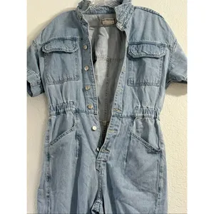 Free People Marci Denim Utility Jumpsuit Coverall Short Sleeve S Light Wash thumbnail 2