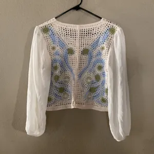 Mexican Crochet Floral Cardigan Women Size S Green Balloon Sleeve Boho NWOT thumbnail 7