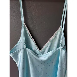 Adonna Light Turquoise Blue Polka Dot Satin Slip Dress with Lace Trim thumbnail 4