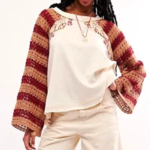 Free People Festival Ready Tee Crochet Sleeve Cream & Rust Knit Top Size Large thumbnail 1
