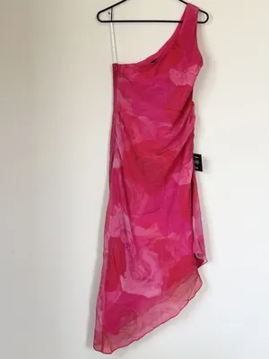 NWT Lulus Pretty Serene Pink Floral One Shoulder Asymmetrical Midi Dress - Med thumbnail 2