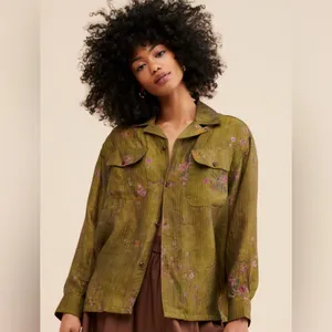 🌿 Trendy Free People Floral Moss Camp Shirt Top Greyed Olive Size: S (fits 6–8) thumbnail 6