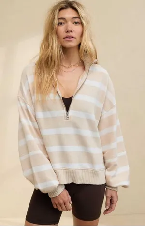 aerie Beige and White Striped Quarter-Zip Sweater thumbnail 1