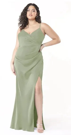 SHEIN BAE Curve Maxi Slip Dress 1XL Plus Green Satin Cowl Neck Ruched Slit thumbnail 1