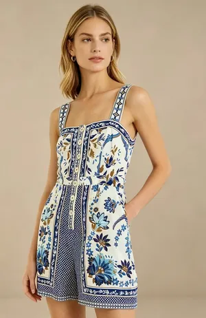 NWOT Farm Rio Linen Blend Floral Print Romper Blue Size XS thumbnail 1