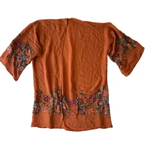 Boho Embroidered Kimono Cardigan Duster Rust Floral Open Front Festival One Size thumbnail 3