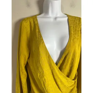 Anthropologie Mustard Floral Jacquard Surplice Balloon Sleeve Wrap Blouse Size S thumbnail 4