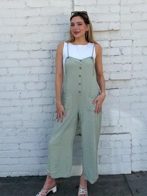 Gigio sage Green wide leg overalls w/ adjustable straps sz S #boho #retro #momcore #cottagecore thumbnail 3