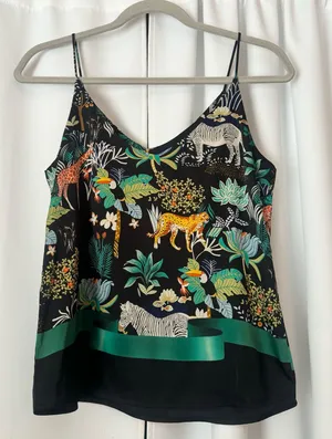 Green Sleeveless Jungle Print Flora and Fauna Satin Tank Top Size Medium thumbnail 1