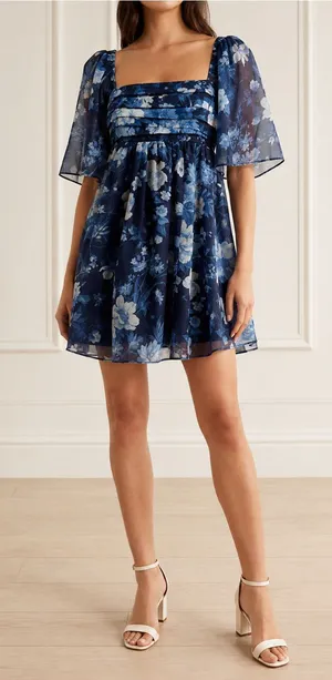 Abercrombie & Fitch Emerson Mini Dress Medium Blue Floral Organza Angel Sleeve thumbnail 1