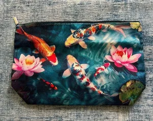 Japanese Koi Fish Flower Cotton Canvas Small Makeup Bag Travel Toiletry Pouch thumbnail 1