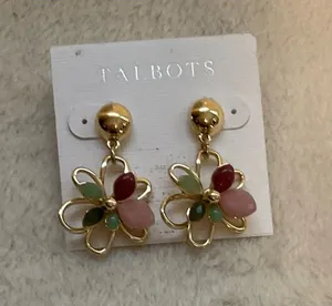 Talbots Gold Floral Dangle Earrings with Pink and Green Stones thumbnail 1