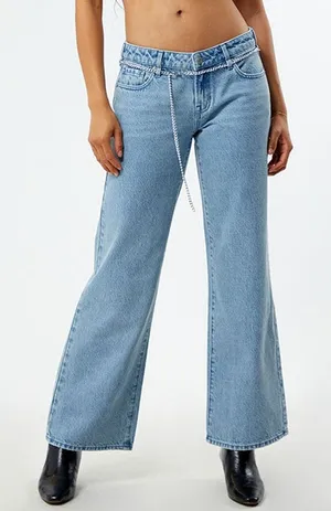 Pacsun Pacsun Low Rise Wide Leg Jeans Light Wash Silver Chain Belt Size 24 Baggy thumbnail 1