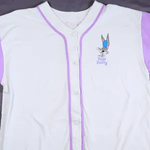 Vintage 90s Sun Sportswear Bugs Bunny Baseball Jersey Women Large White Purple thumbnail 11