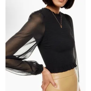 Aritzia Wilfred Tempest Blouse Black Smocked Sheer Sleeve Crop Top Size S thumbnail 2