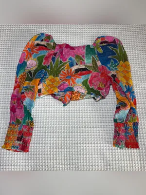 Farm Rio Anthropologie Women Cotton Crop Top Small Fruit Patchwork Tie Front thumbnail 9