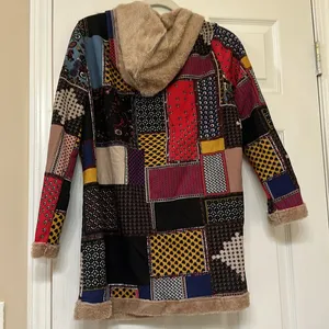 Patterned Fuzzy Lined Hoodie Jacket Tan Size M thumbnail 2