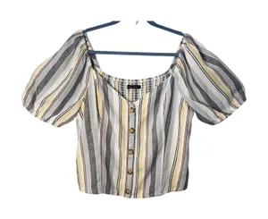 AF Abercrombie Fitch Top Womens Size XL Blue Yellow Linen Blend Short Sleeve thumbnail 1