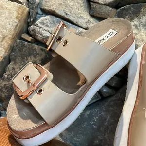 Steve Madden Leather Pate Double Strap Buckle Light Tan Slides thumbnail 7