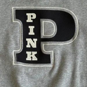 Victoria's Secret PINK Gray Varsity Patch Crewneck Sweatshirt Striped Sleeve L‎ thumbnail 2